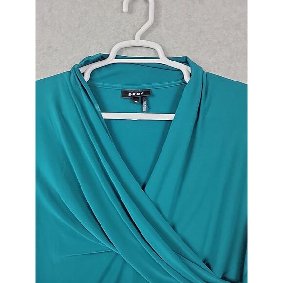 DKNY Teal Green Short Sleeve Ruched V Neck Stretch Career Blouse Womens Plus XXL - Picture 3 of 12